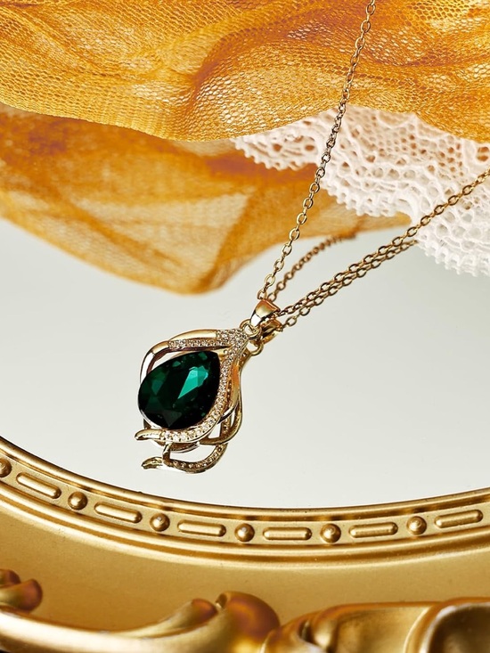 Anthropologie Jewelry - Anthropologie Gold Necklace with Emerald Green Teardrop Pendant